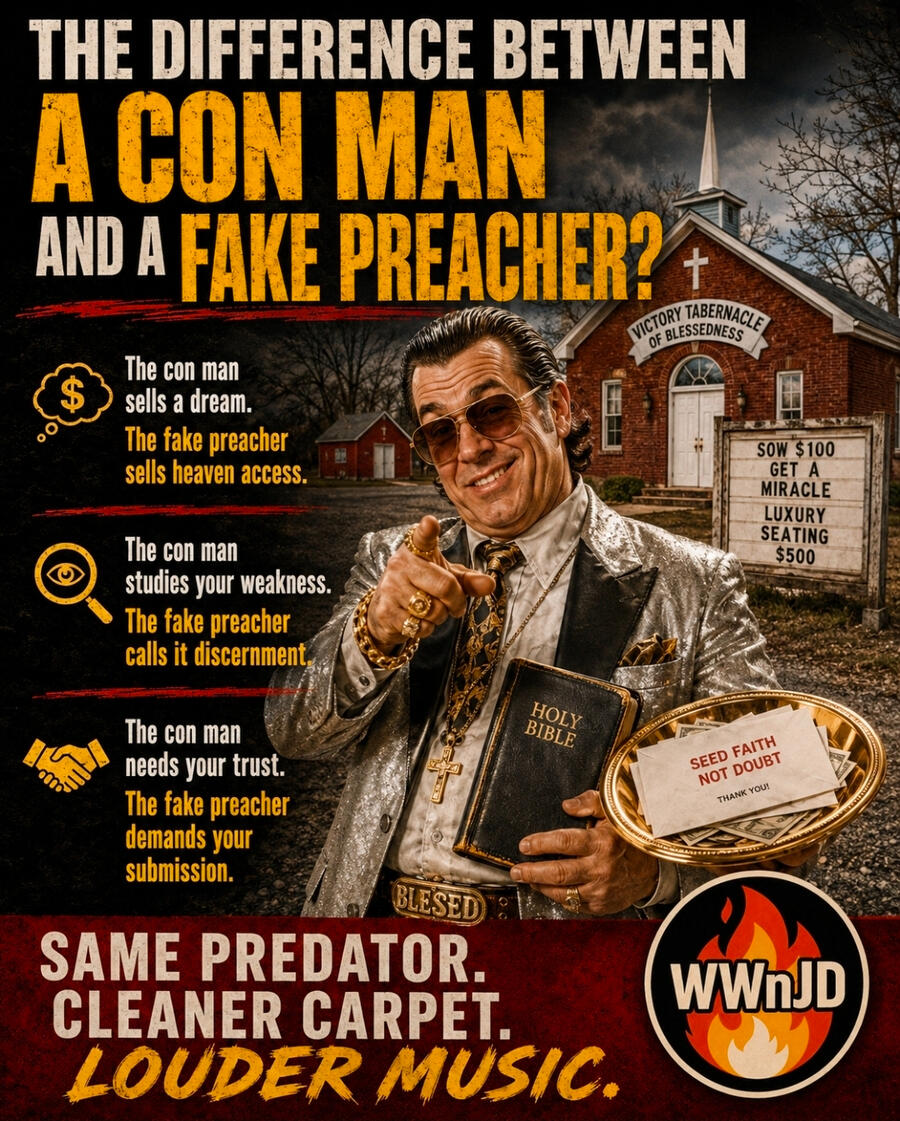 What Wouldn’t Jesus Do? Be a con man or a fake preacher.